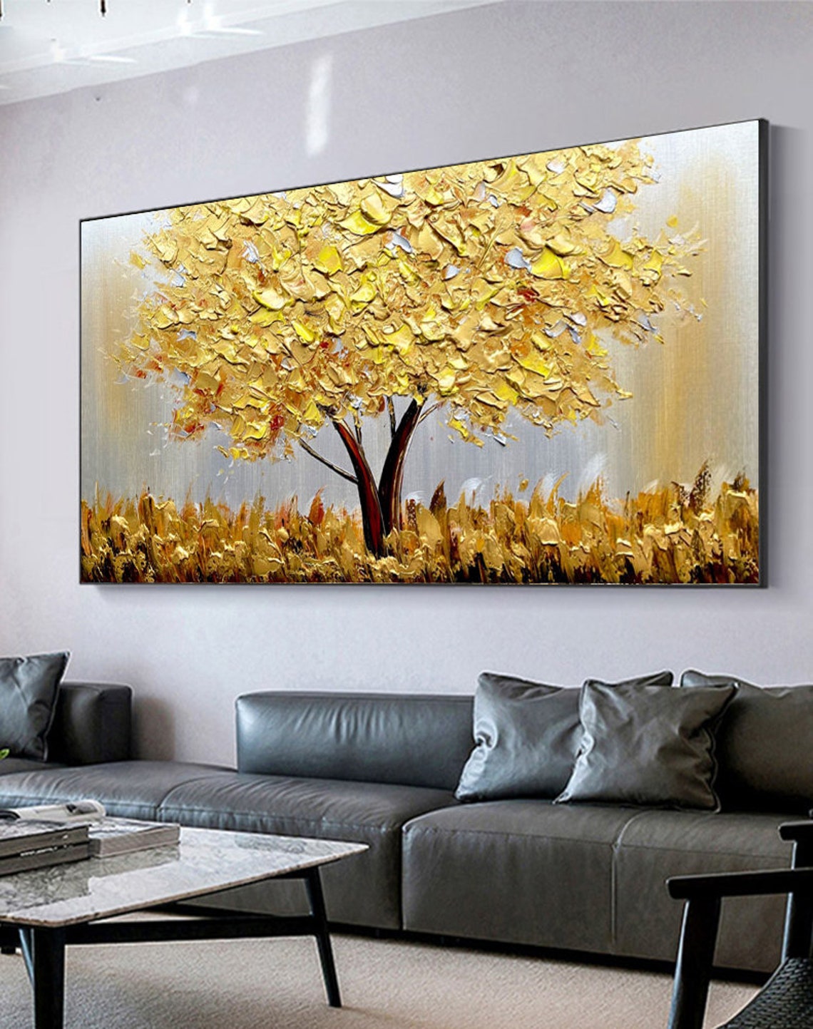 キャンバス上の咲く金色の木 抽象的な植物 花の油絵 木の風景 - Home Decor Gold のレビューと価格