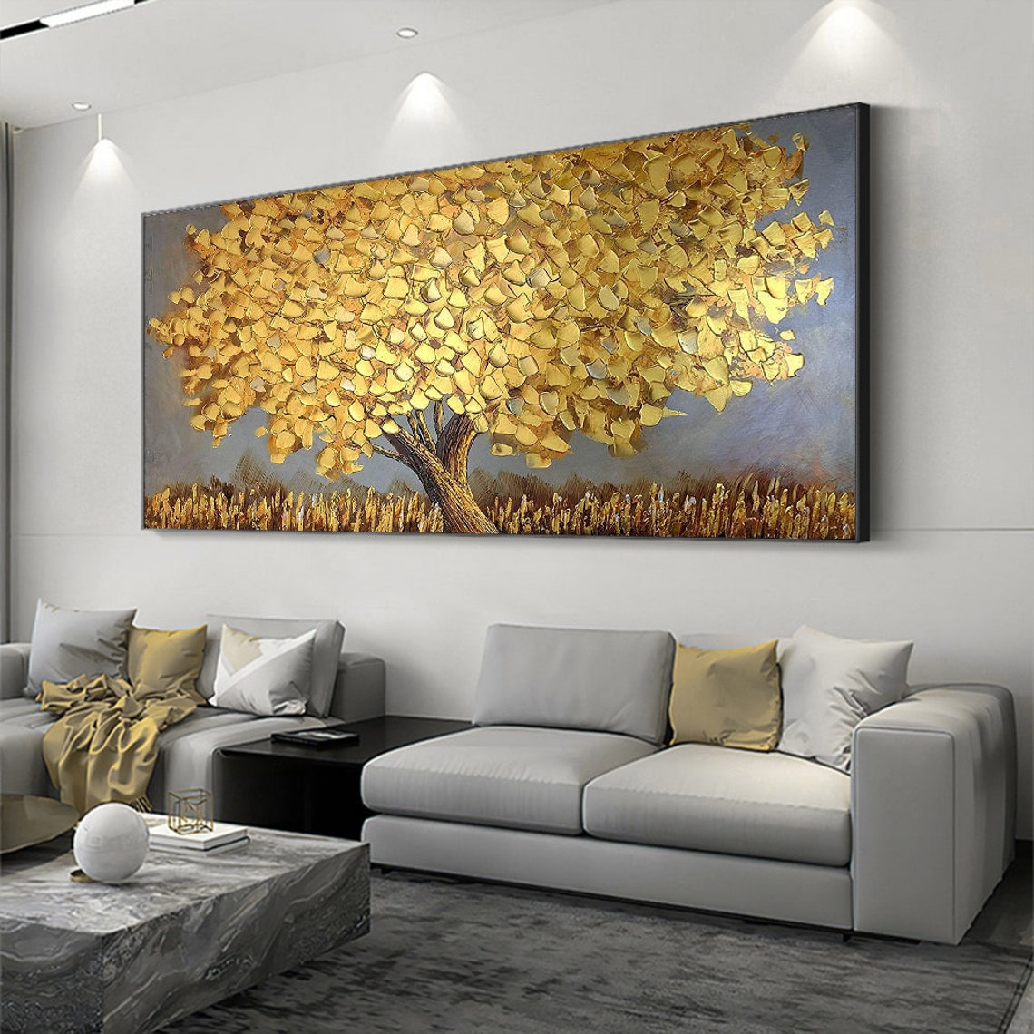 キャンバス上の咲く金色の木 抽象的な植物 花の油絵 木の風景 - Home Decor Gold のレビューと価格