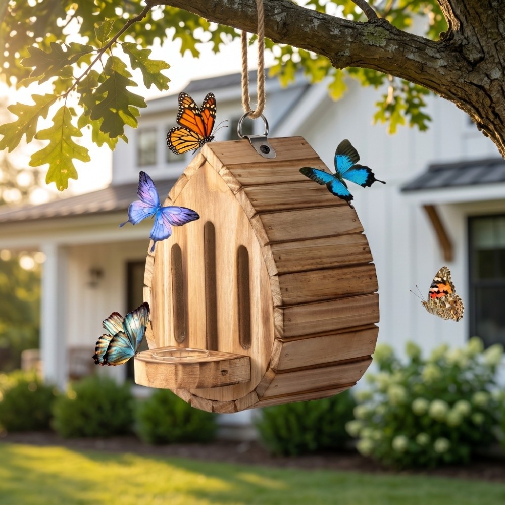 家の装飾 木製蝶の家 吊り下げ式 自然な生息地 蝶の餌箱 2 - Home Decor Habitat のレビューと価格