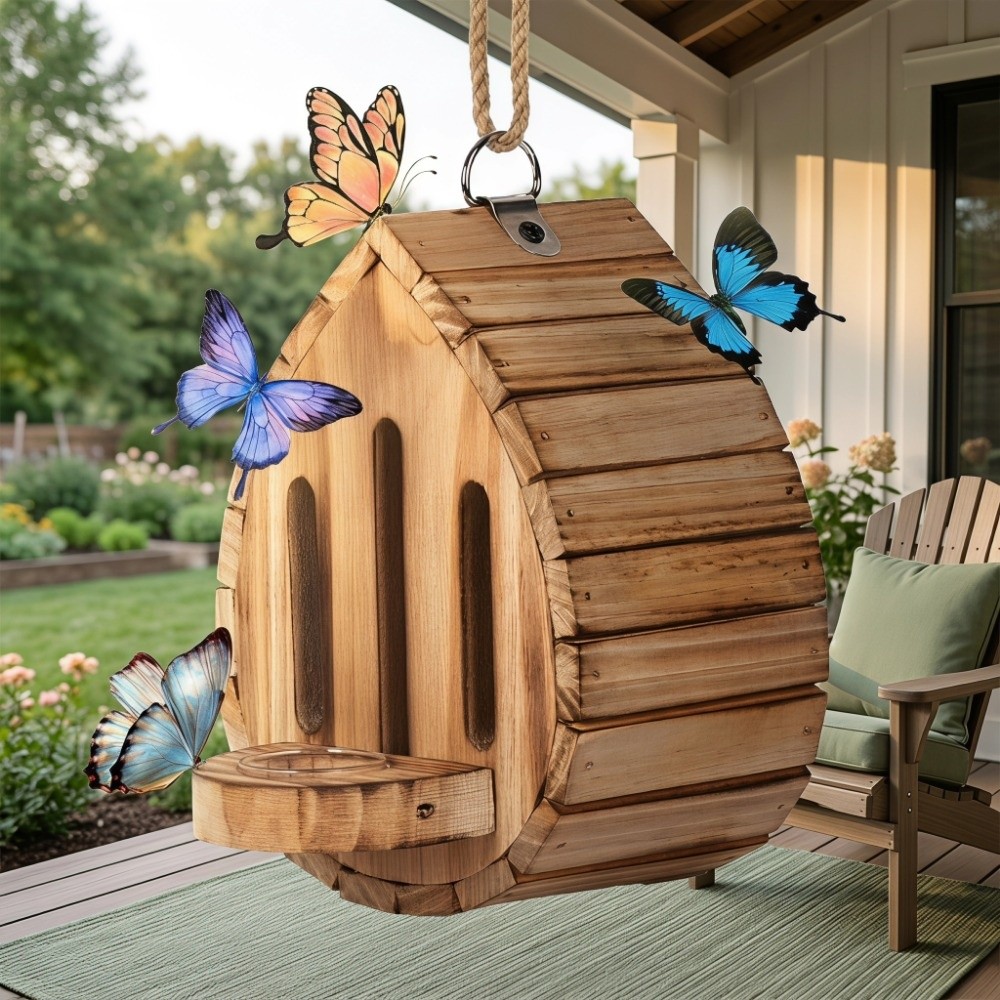 家の装飾 木製蝶の家 吊り下げ式 自然な生息地 蝶の餌箱 2 - Home Decor Habitat のレビューと価格